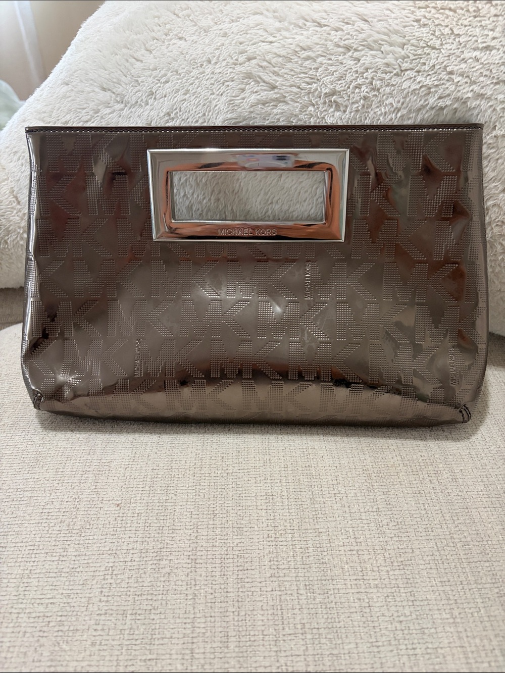 Michael Kors Metallic Taupe Logo-Embossed Wristlet Clutch with Silver Hardware